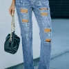 New Dear-Lover Sky Blue Buttoned Pockets Distressed Jeans Light Blue