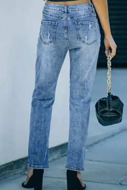 New Dear-Lover Sky Blue Buttoned Pockets Distressed Jeans Light Blue