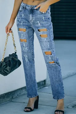New Dear-Lover Sky Blue Buttoned Pockets Distressed Jeans Light Blue