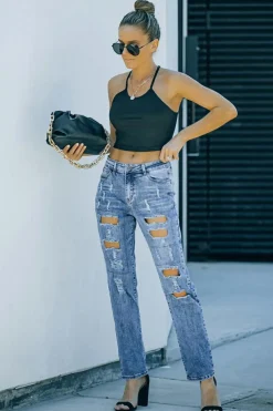 New Dear-Lover Sky Blue Buttoned Pockets Distressed Jeans Light Blue