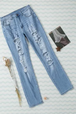 New Dear-Lover Sky Blue Buttoned Pockets Distressed Jeans Light Blue