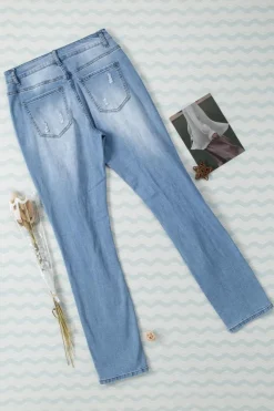 New Dear-Lover Sky Blue Buttoned Pockets Distressed Jeans Light Blue