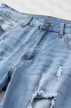 New Dear-Lover Sky Blue Buttoned Pockets Distressed Jeans Light Blue