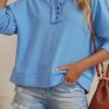 Clearance Dear-Lover Casual Button Solid Patchwork Trim Hoodie Sky Blue