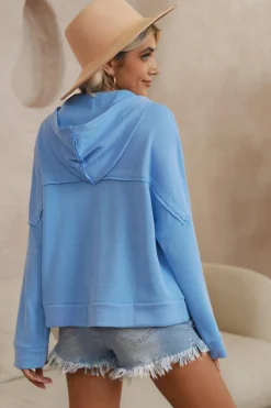 Clearance Dear-Lover Casual Button Solid Patchwork Trim Hoodie Sky Blue