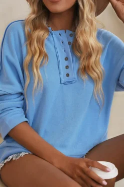 Clearance Dear-Lover Casual Button Solid Patchwork Trim Hoodie Sky Blue