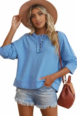 Clearance Dear-Lover Casual Button Solid Patchwork Trim Hoodie Sky Blue