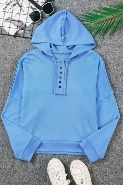 Clearance Dear-Lover Casual Button Solid Patchwork Trim Hoodie Sky Blue