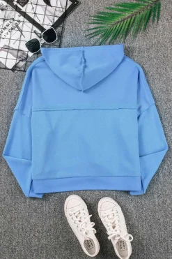 Clearance Dear-Lover Casual Button Solid Patchwork Trim Hoodie Sky Blue