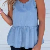 Sale Dear-Lover Casual Ruffled Spaghetti Straps Denim Tank Top Sky Blue
