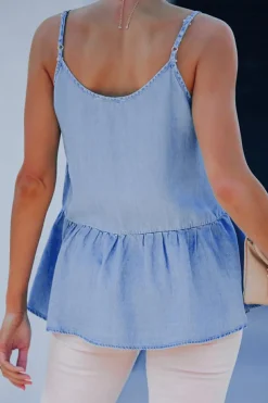 Sale Dear-Lover Casual Ruffled Spaghetti Straps Denim Tank Top Sky Blue