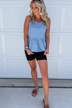 Sale Dear-Lover Casual Ruffled Spaghetti Straps Denim Tank Top Sky Blue