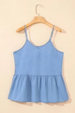 Sale Dear-Lover Casual Ruffled Spaghetti Straps Denim Tank Top Sky Blue
