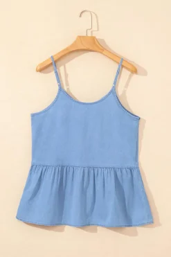 Sale Dear-Lover Casual Ruffled Spaghetti Straps Denim Tank Top Sky Blue