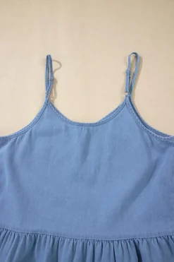 Sale Dear-Lover Casual Ruffled Spaghetti Straps Denim Tank Top Sky Blue