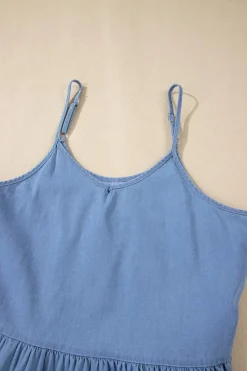 Sale Dear-Lover Casual Ruffled Spaghetti Straps Denim Tank Top Sky Blue