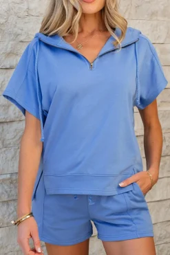 Outlet Dear-Lover Casual Zipped Short Sleeve Hoodie and Shorts Set Sky Blue