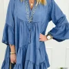 Online Dear-Lover Chambray Ruffled 3/4 Sleeve Tiered Split V Neck Mini Dress Sky Blue
