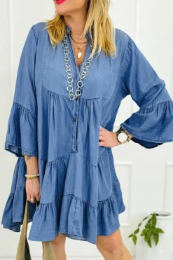 Online Dear-Lover Chambray Ruffled 3/4 Sleeve Tiered Split V Neck Mini Dress Sky Blue