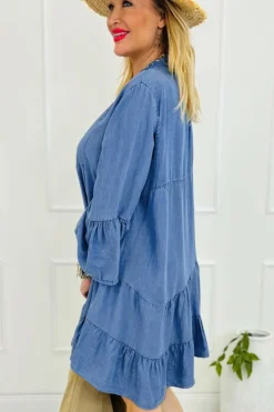 Online Dear-Lover Chambray Ruffled 3/4 Sleeve Tiered Split V Neck Mini Dress Sky Blue