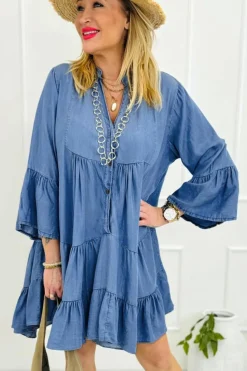 Online Dear-Lover Chambray Ruffled 3/4 Sleeve Tiered Split V Neck Mini Dress Sky Blue