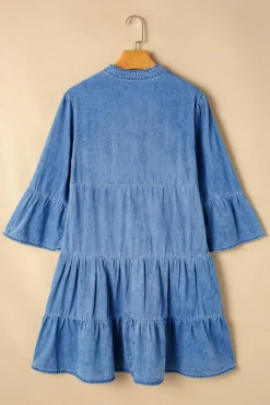 Online Dear-Lover Chambray Ruffled 3/4 Sleeve Tiered Split V Neck Mini Dress Sky Blue