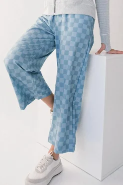 Clearance Dear-Lover Checkered Elastic High Waist Loose Casual Pants Sky Blue