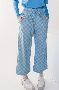 Clearance Dear-Lover Checkered Elastic High Waist Loose Casual Pants Sky Blue