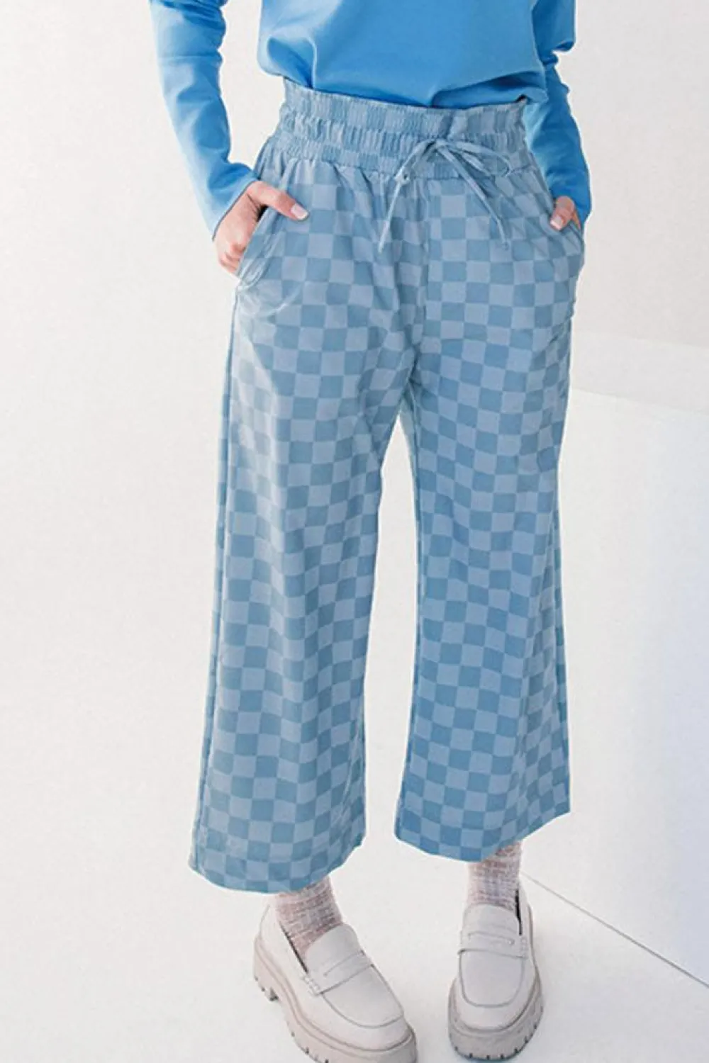Clearance Dear-Lover Checkered Elastic High Waist Loose Casual Pants Sky Blue