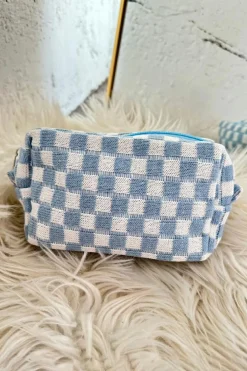 Fashion Dear-Lover Checkered Knitted Zipper Makeup Bag Sky Blue