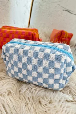 Fashion Dear-Lover Checkered Knitted Zipper Makeup Bag Sky Blue