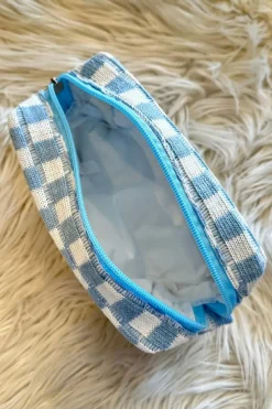 Fashion Dear-Lover Checkered Knitted Zipper Makeup Bag Sky Blue