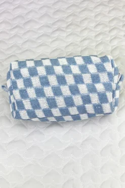 Fashion Dear-Lover Checkered Knitted Zipper Makeup Bag Sky Blue
