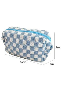Fashion Dear-Lover Checkered Knitted Zipper Makeup Bag Sky Blue