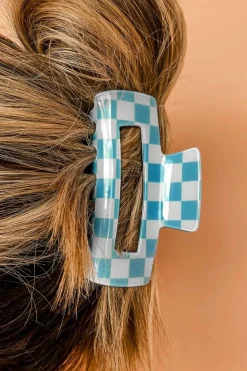 Discount Dear-Lover Checkered Print Hollow Out Hair Clip Sky Blue