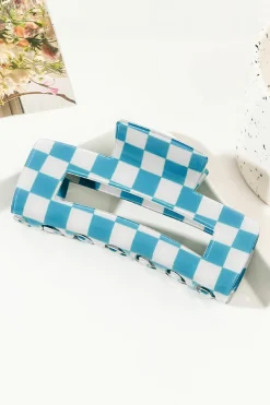 Discount Dear-Lover Checkered Print Hollow Out Hair Clip Sky Blue