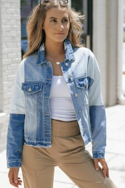 Sale Dear-Lover Color Block Denim Patchwork Frayed Hem Jacket Sky Blue