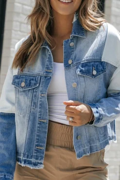 Sale Dear-Lover Color Block Denim Patchwork Frayed Hem Jacket Sky Blue