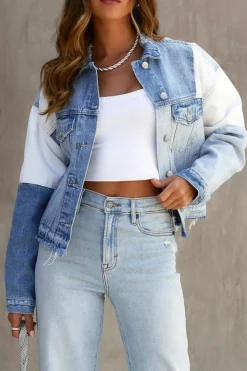 Sale Dear-Lover Color Block Denim Patchwork Frayed Hem Jacket Sky Blue