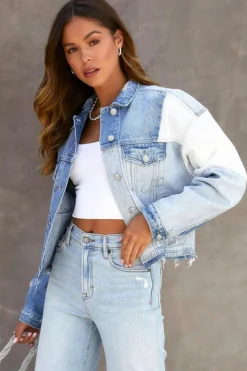 Sale Dear-Lover Color Block Denim Patchwork Frayed Hem Jacket Sky Blue