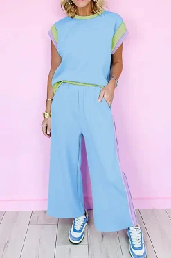 New Dear-Lover Color Block Detail Casual Two-piece Outfit Sky Blue