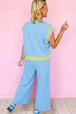 New Dear-Lover Color Block Detail Casual Two-piece Outfit Sky Blue