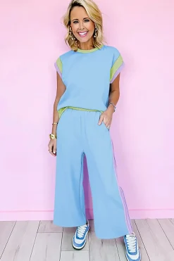 New Dear-Lover Color Block Detail Casual Two-piece Outfit Sky Blue