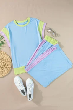New Dear-Lover Color Block Detail Casual Two-piece Outfit Sky Blue