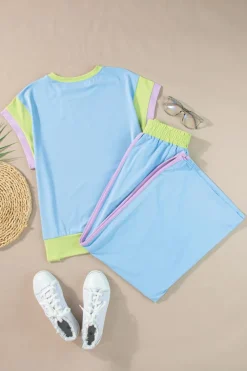 New Dear-Lover Color Block Detail Casual Two-piece Outfit Sky Blue