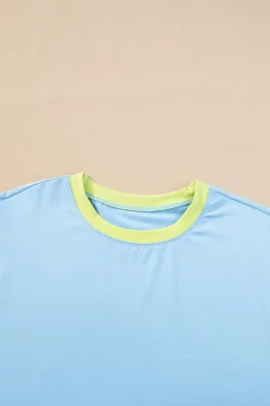 New Dear-Lover Color Block Detail Casual Two-piece Outfit Sky Blue