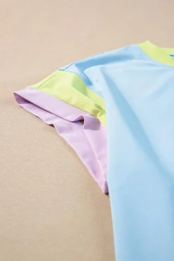 New Dear-Lover Color Block Detail Casual Two-piece Outfit Sky Blue