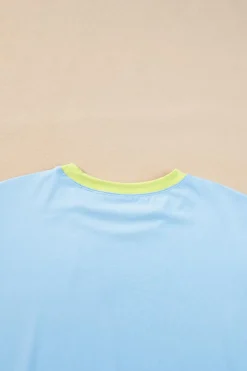 New Dear-Lover Color Block Detail Casual Two-piece Outfit Sky Blue