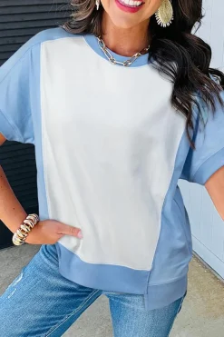 Best Dear-Lover Color Block Exposed Seam Crew Neck T Shirt Sky Blue