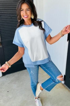 Best Dear-Lover Color Block Exposed Seam Crew Neck T Shirt Sky Blue